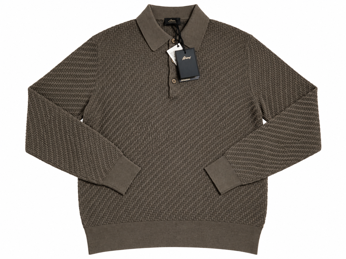 Brioni Men’s Luxury Cotton Silk Cashmere Woven Long Sleeve Polo Sweater – Size IT 50 / L men