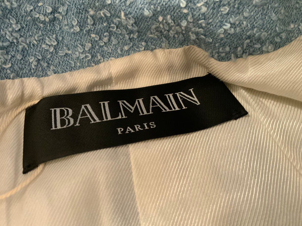 Balmain Double-breasted Cotton-blend Bouclé-tweed Blazer In Blue Size F 40 UK 12 ladies