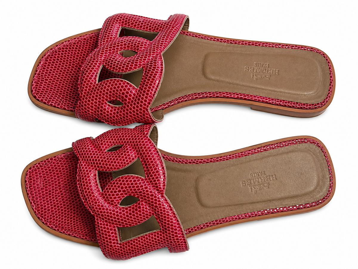 Hermès Hermes Omaha Sandal Flat Pink Lizard Chaine d'Ancre Size 38 ladies