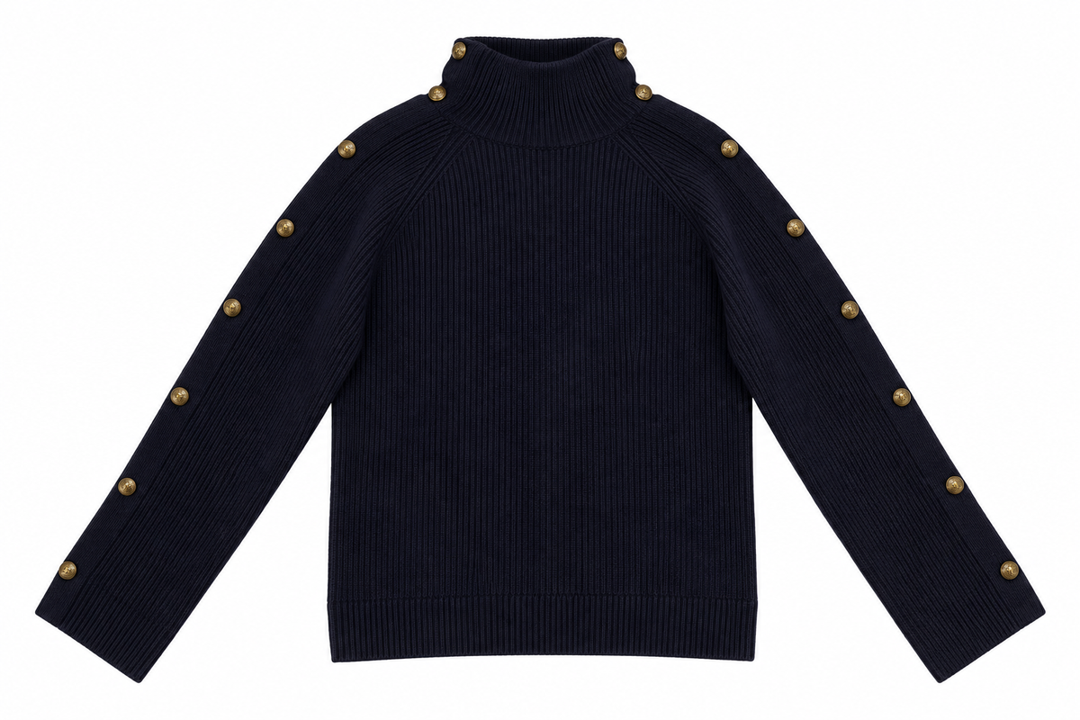 Ralph Lauren Purple Label Navy Blue Cashmere Turtleneck Jumper with Gold Buttons – Size M ladies