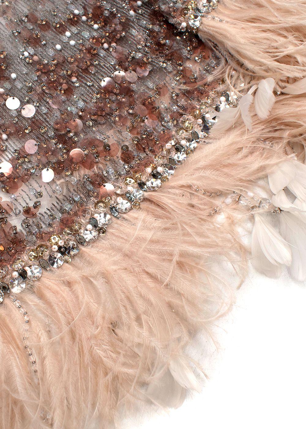 Prada Pink Silk A-line Gown with Crystal & Feather Embellished Cape Overlay Size I 44 L large ladies