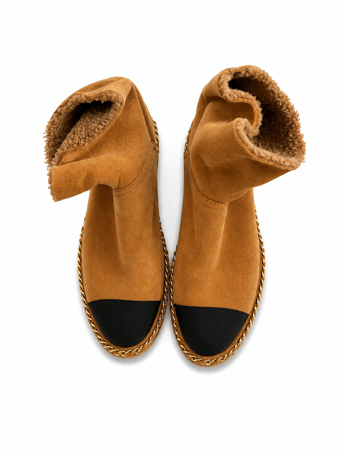 Chanel Kid Suede Shearling Cap Toe Chain Short Boots size 38 ladies