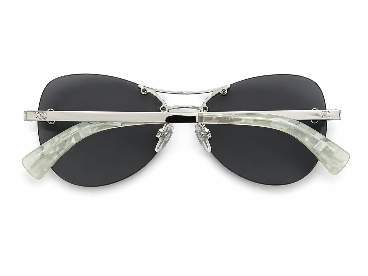 Chanel Silver/Black 4218 Mirror Quilted Rimless Aviator Pilot Sunglasses ladies
