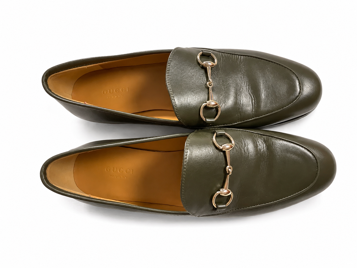 GUCCI Calfskin Womens Jordaan Loafers Luscious Green Size 38 1/2 ladies