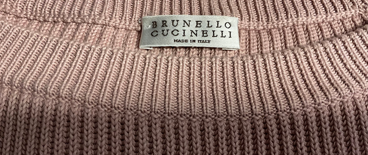 Brunello Cucinelli Dusty Pink Monili Embellished Ribbed Cotton Jumper – Size L ladies
