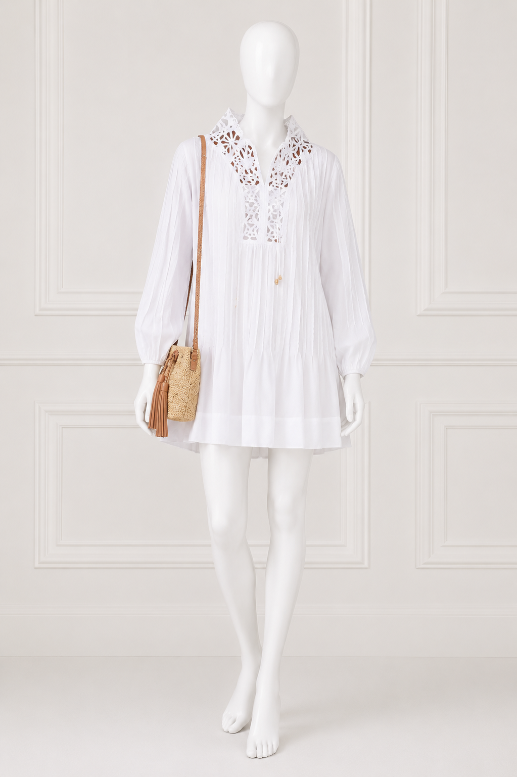 Sandro Moana Lace-Trimmed Pintucked Cotton Poplin Mini Dress ladies