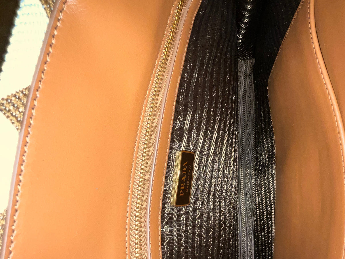 Prada Jacquard Saffiano Triangolo Symbole Embroidered Large Tote Bag in Brown Tobacco ladies
