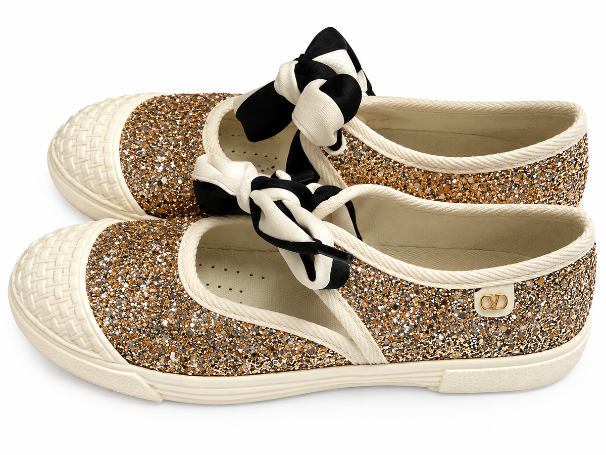 Valentino Garavani Bay By Bay Glitter Ballerina Sneakers Flats Gold Size 38.5 ladies