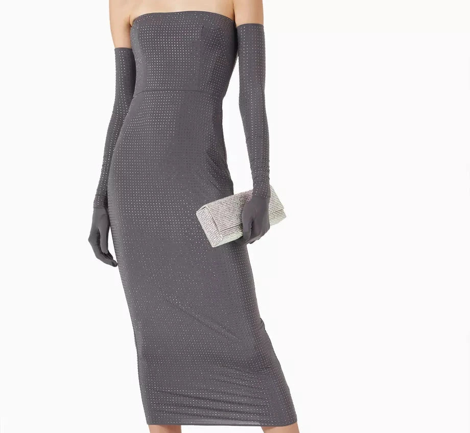 Alex Perry Strapless Midi Dress in Crystal Jersey with gloves Size UK 10 ladies