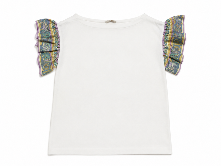 Emilio Pucci White Cotton T-Shirt with Printed Silk Ruffle Sleeves – Size S ladies