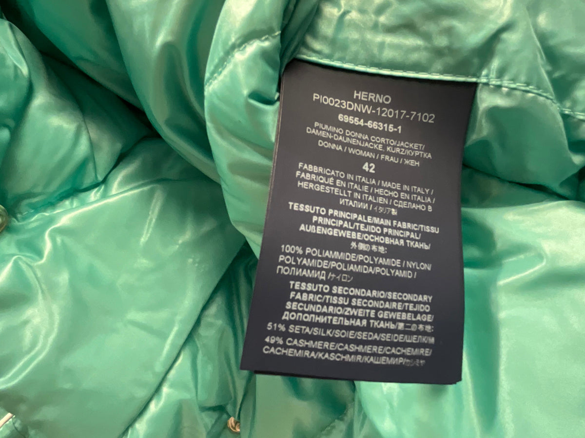 Herno Cashmere Trim Green Puffer Jacket size I 42 UK 10 US 6 ladies