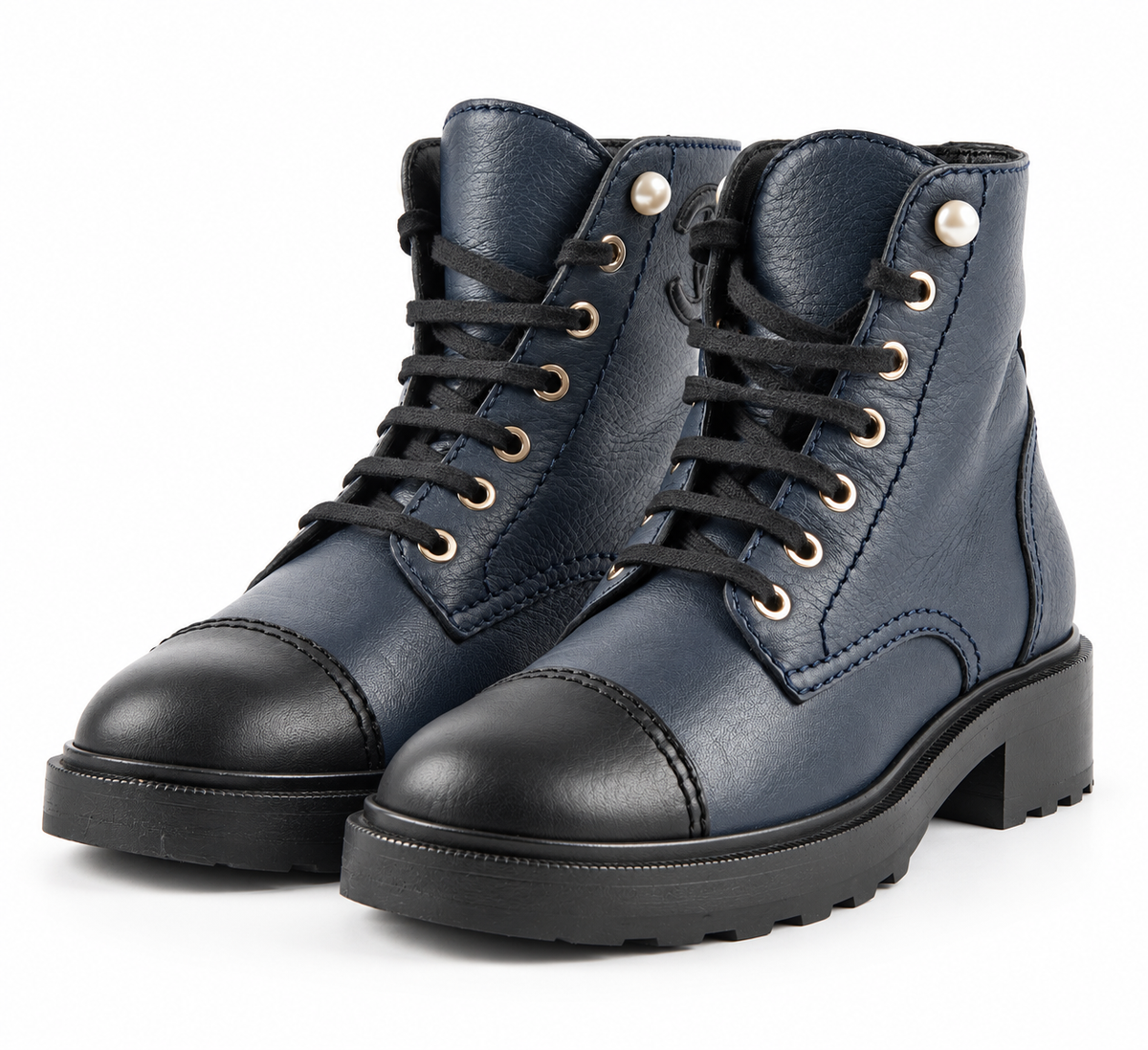 Chanel Navy Blue Leather Lace-Up Combat Ankle Boots – Size EU 37.5 ladies