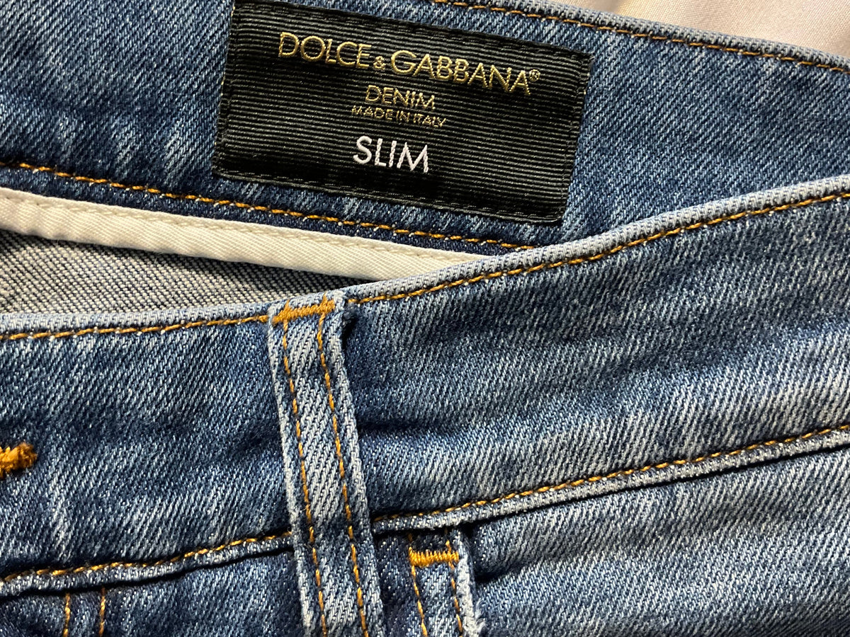Dolce & Gabbana Men’s Blue Distressed Slim Fit Jeans – Size IT 48 men