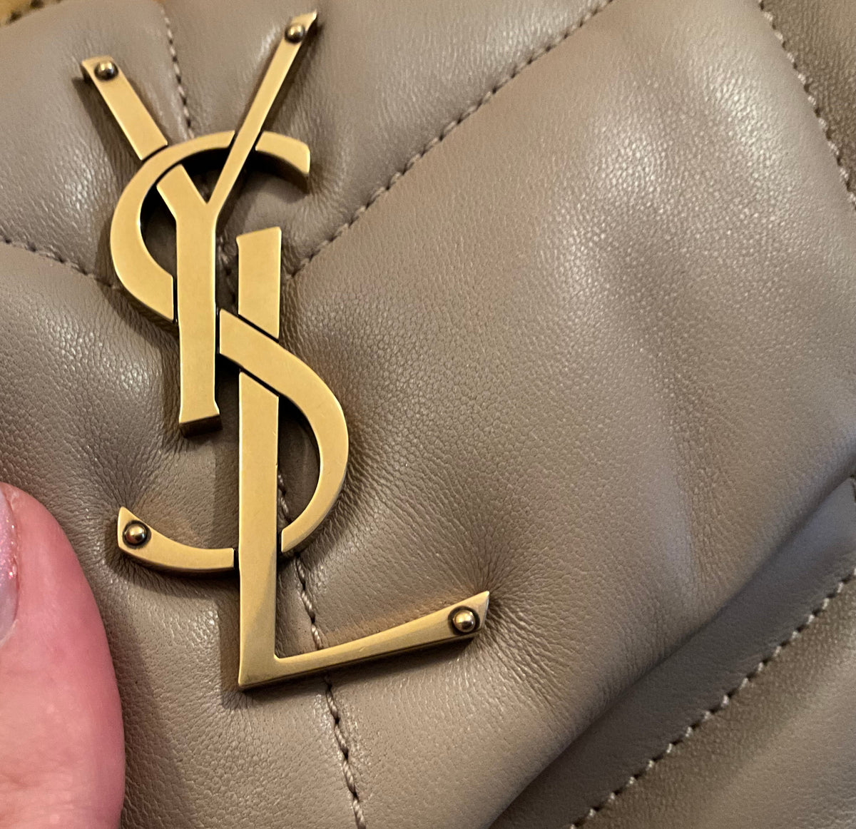 YSL Saint Laurent Lambskin Quilted Small Loulou Puffer Monogram Chain Satchel Beige Ladies