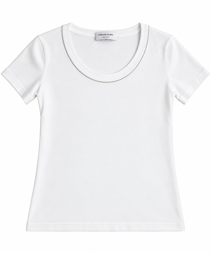 Fabiana Filippi White Cotton T-Shirt with Monili Trim – Size S ladies