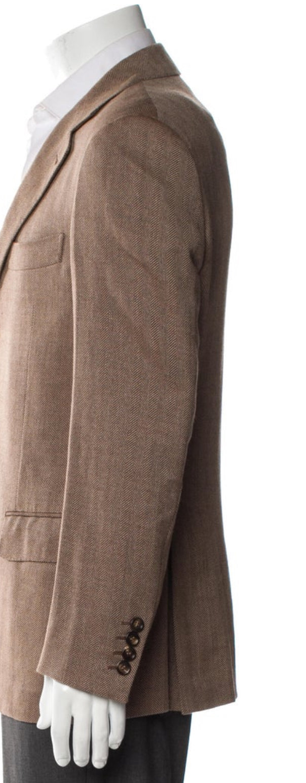 Brunello Cucinelli Herringbone Brown Silk Blazer Jacket size 48 men