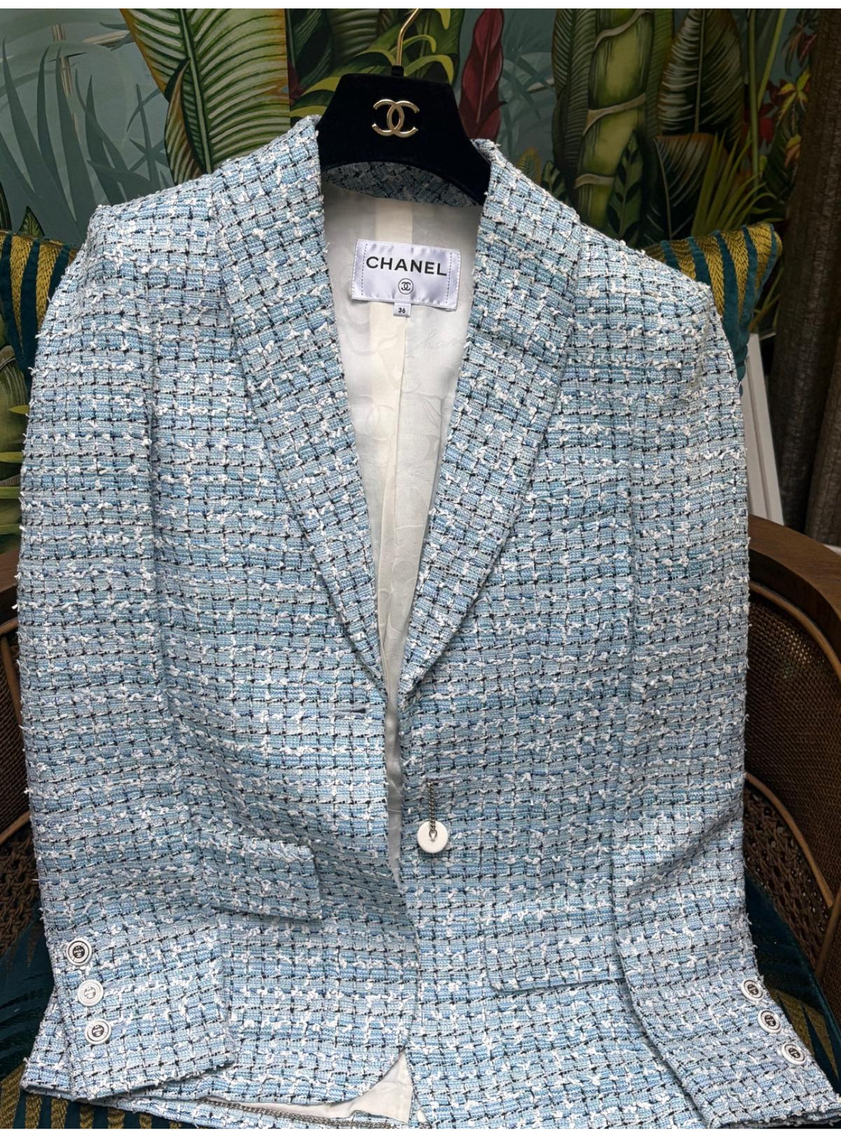 Chanel 2019 Cruise LA PAUSA Fantasy Tweed Blazer Jacket White Blue Light blue ladies