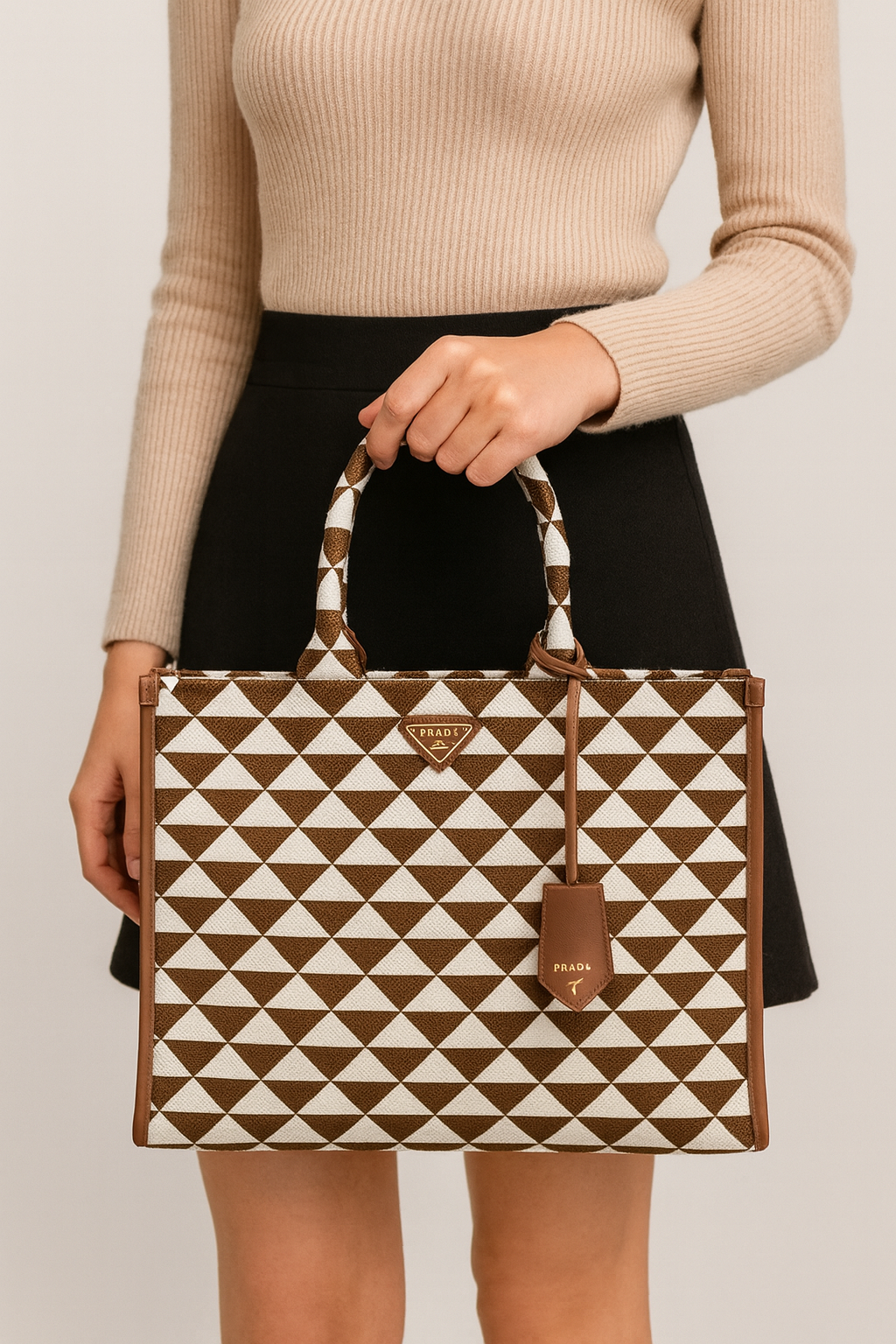 Prada Jacquard Saffiano Triangolo Symbole Embroidered Large Tote Bag in Brown Tobacco ladies