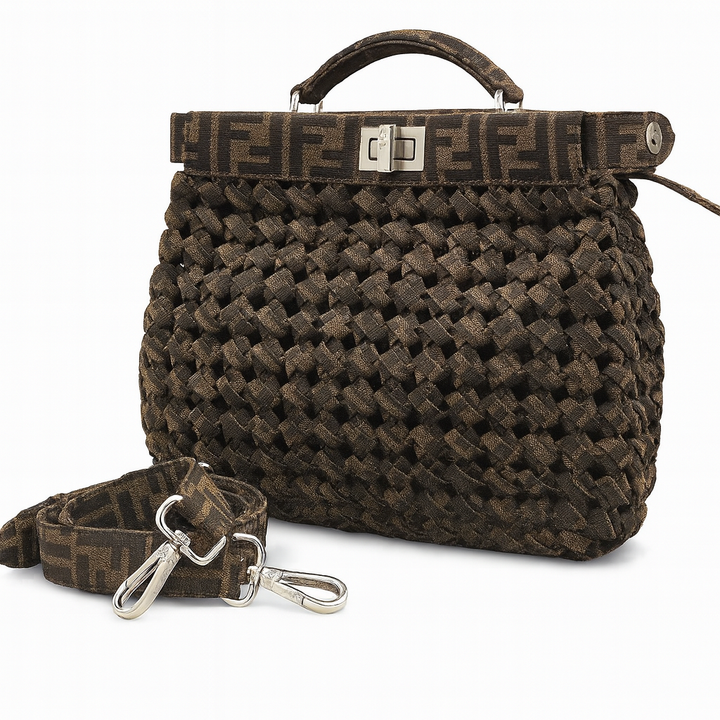 Fendi Fabric Jacquard FF 1974 Woven Knotted Peekaboo Iconic Satchel Tobacco Moro Medium Bag Handbag ladies