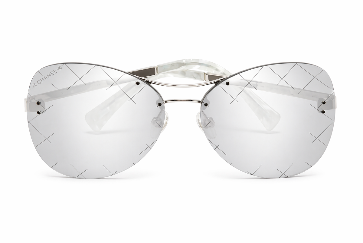 Chanel Silver/Black 4218 Mirror Quilted Rimless Aviator Pilot Sunglasses ladies