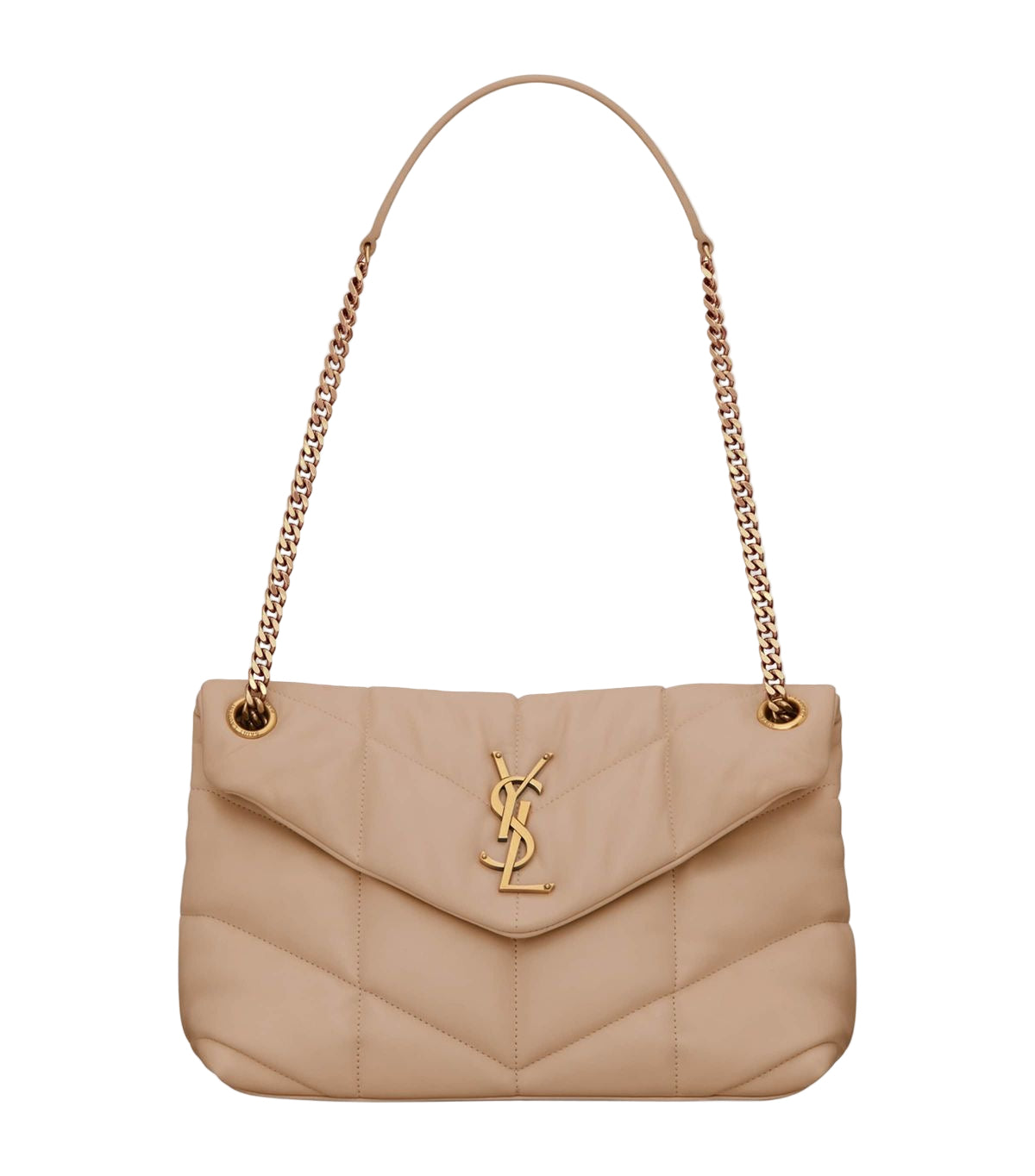 YSL Saint Laurent Lambskin Quilted Small Loulou Puffer Monogram Chain Satchel Beige Ladies