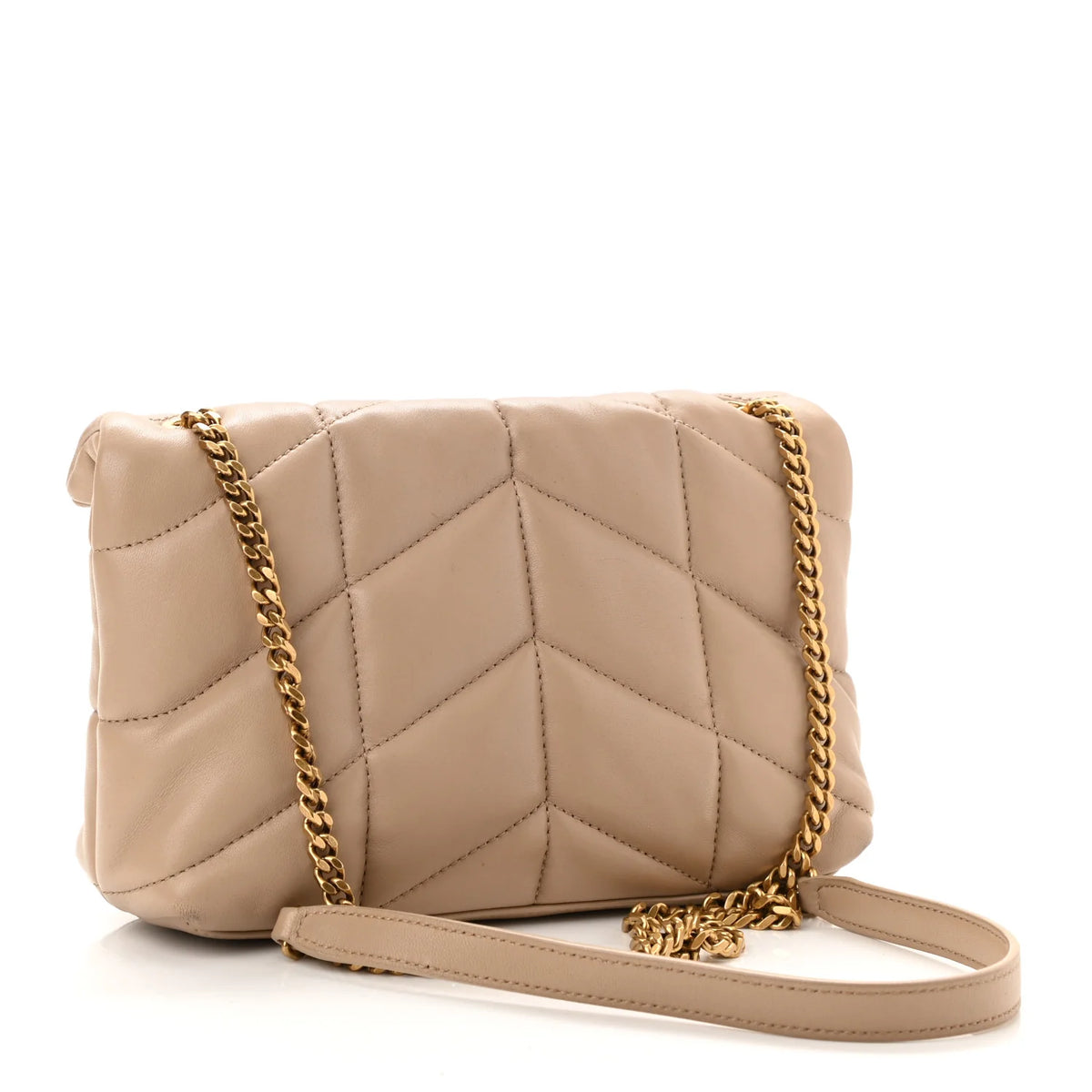 YSL Saint Laurent Lambskin Quilted Small Loulou Puffer Monogram Chain Satchel Beige Ladies