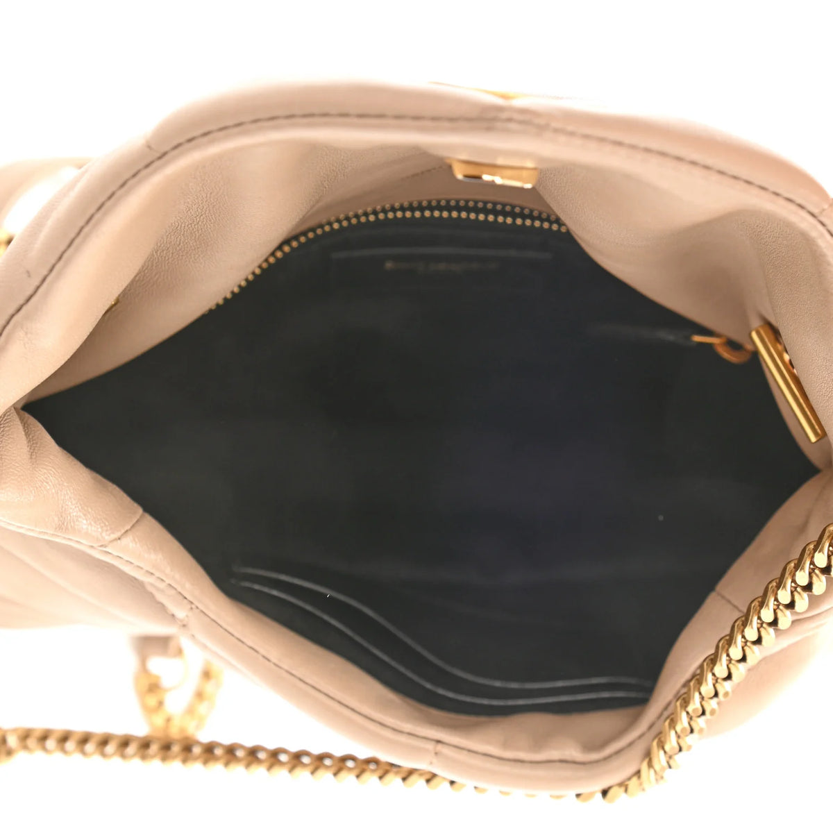 YSL Saint Laurent Lambskin Quilted Small Loulou Puffer Monogram Chain Satchel Beige Ladies
