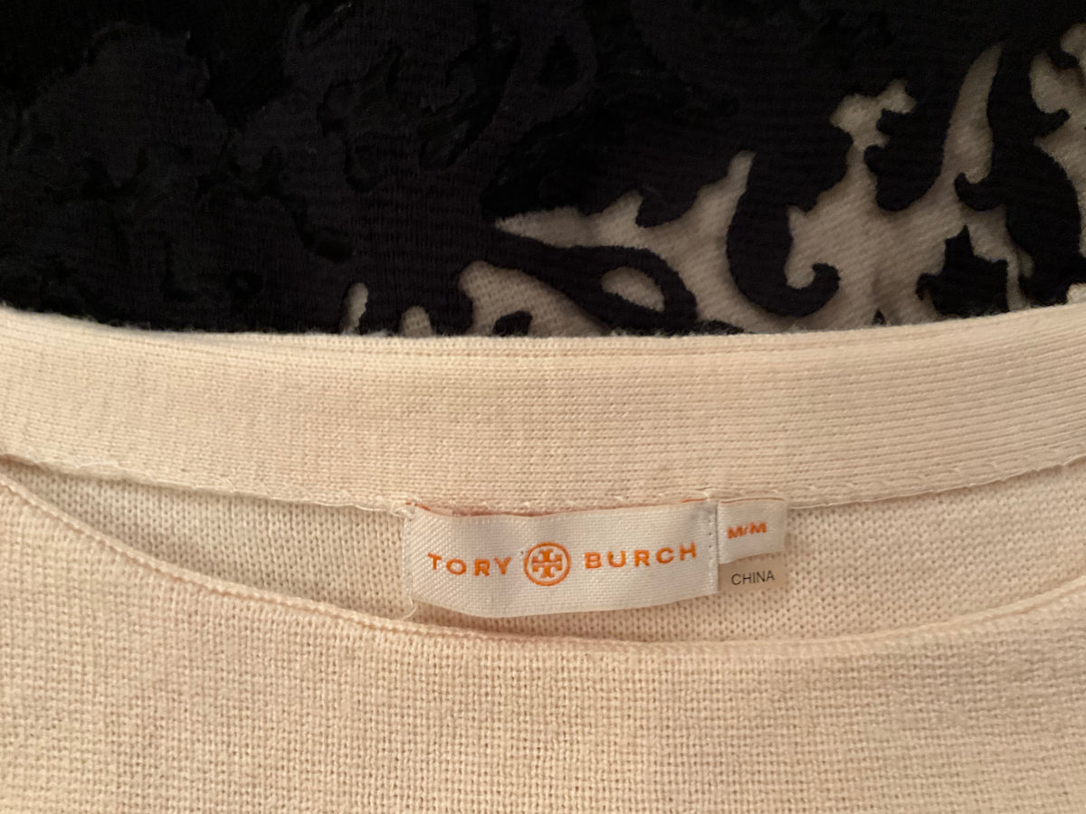 Tory Burch colorblock bateau neckline sweater jumper black cream lace size M medium ladies