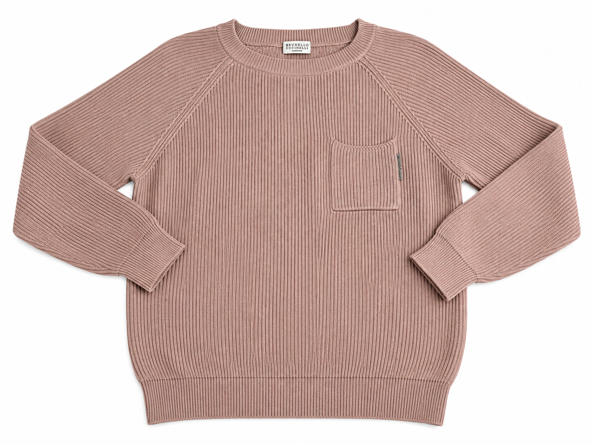 Brunello Cucinelli Dusty Pink Monili Embellished Ribbed Cotton Jumper – Size L ladies