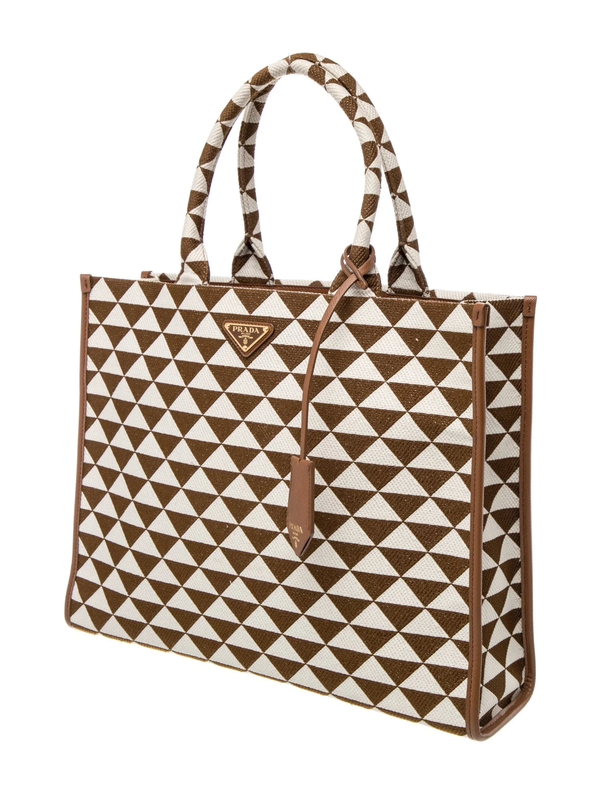 Prada Jacquard Saffiano Triangolo Symbole Embroidered Large Tote Bag in Brown Tobacco ladies