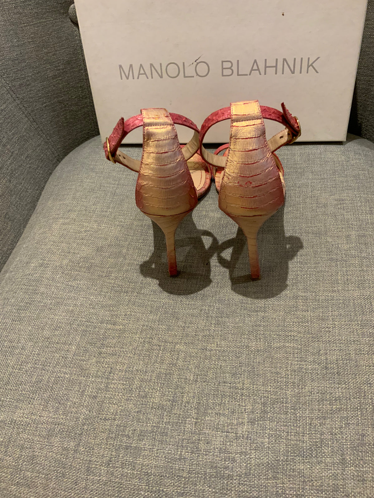 Manolo Blahnik Gold Pink Snakeskin Leather Chaos 95mm Sandals SIZE 36 36 1/2 ladies