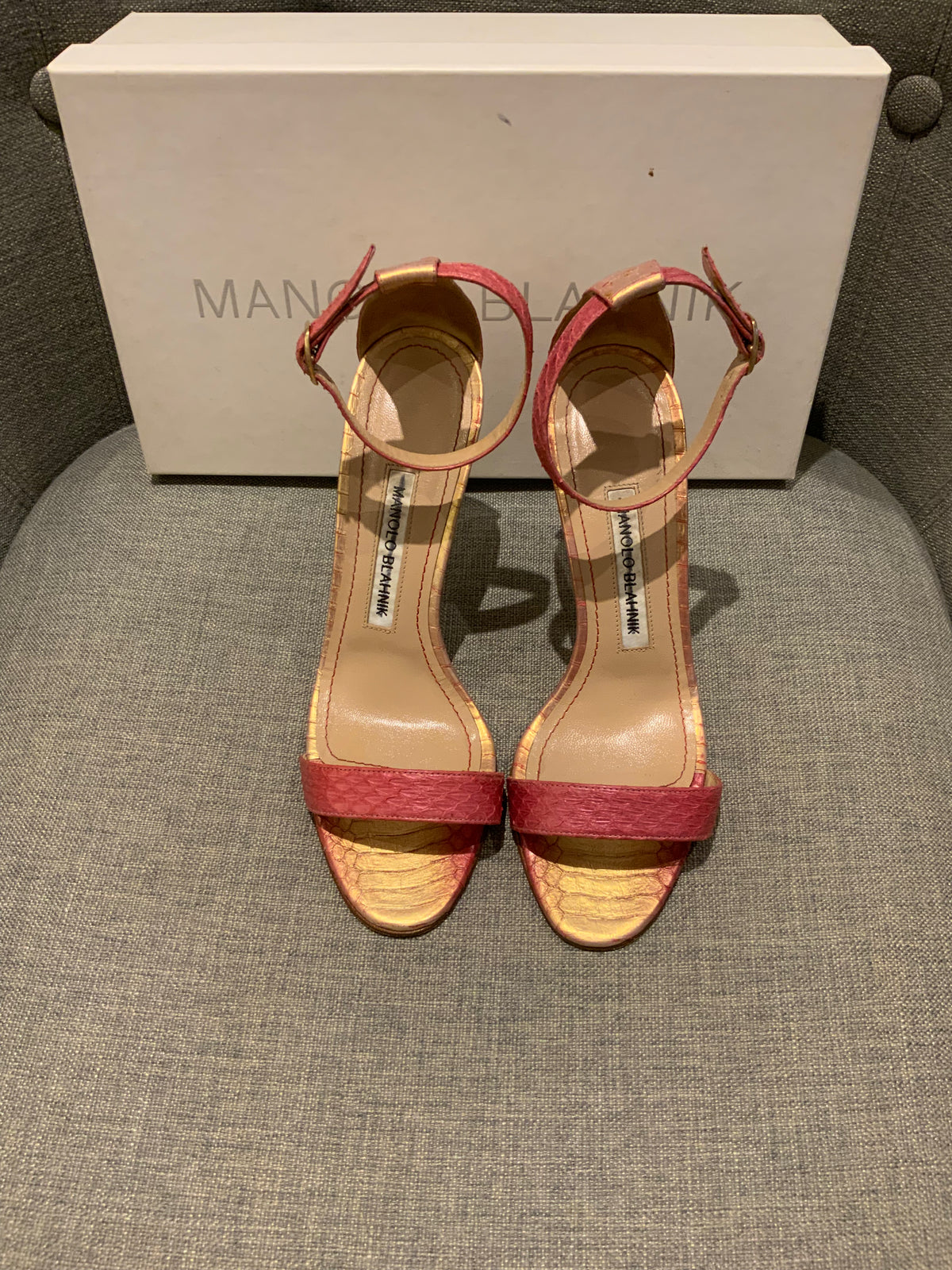 Manolo Blahnik Gold Pink Snakeskin Leather Chaos 95mm Sandals SIZE 36 36 1/2 ladies