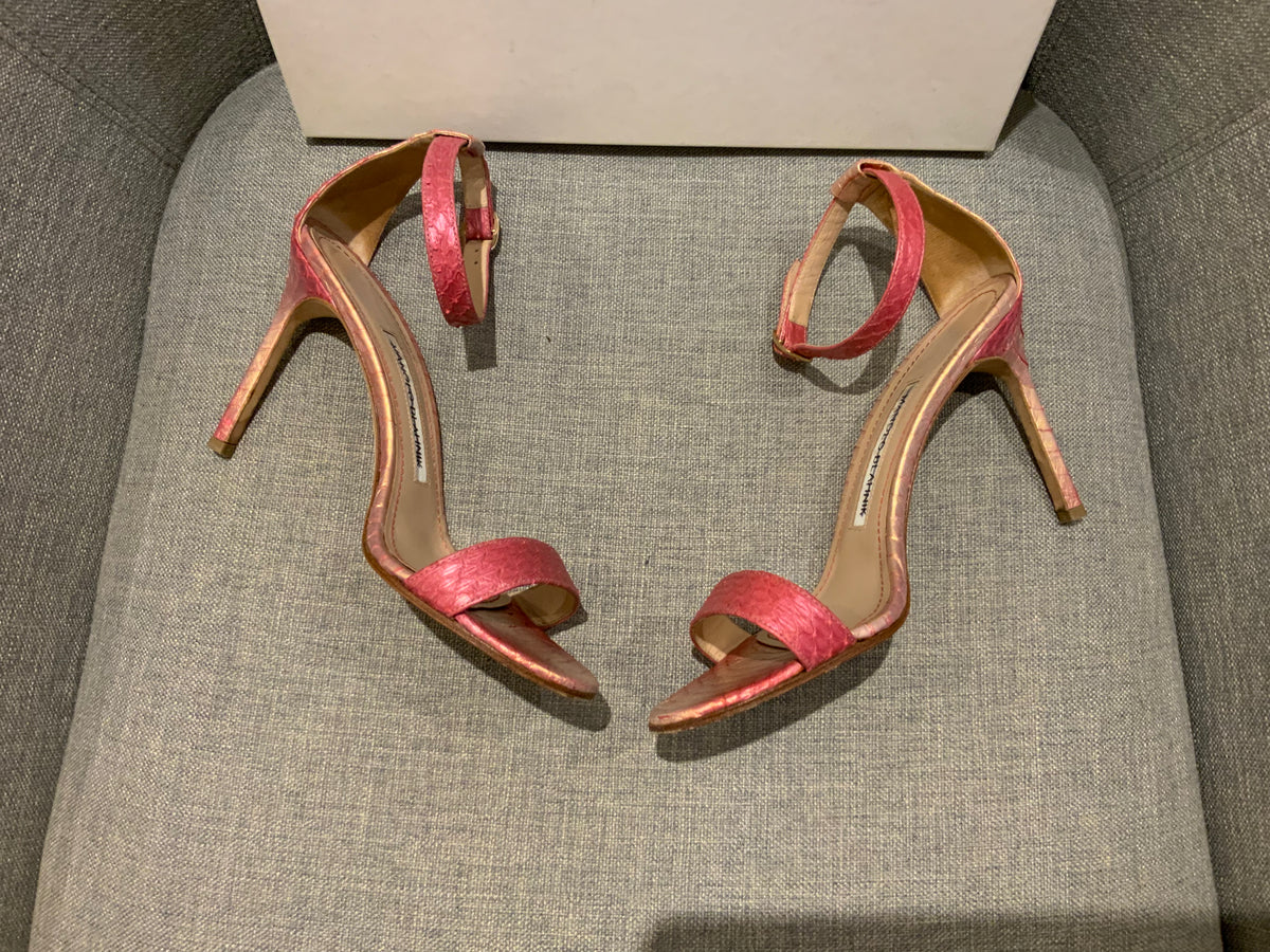 Manolo Blahnik Gold Pink Snakeskin Leather Chaos 95mm Sandals SIZE 36 36 1/2 ladies