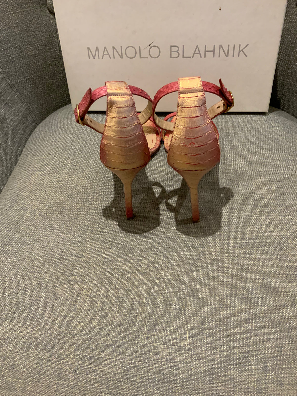 Manolo Blahnik Gold Pink Snakeskin Leather Chaos 95mm Sandals SIZE 36 36 1/2 ladies