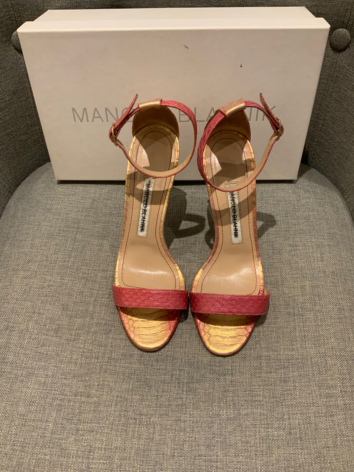 Manolo Blahnik Gold Pink Snakeskin Leather Chaos 95mm Sandals SIZE 36 36 1/2 ladies