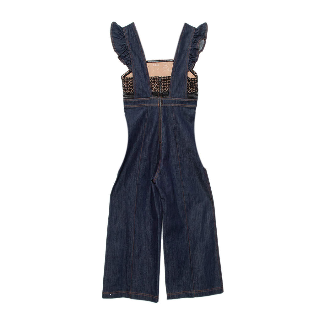 SELF-PORTRAIT Navy Blue Denim & Lace Ruffle Sleeve Wide Leg Jumpsuit UK 8 US 4 ladies