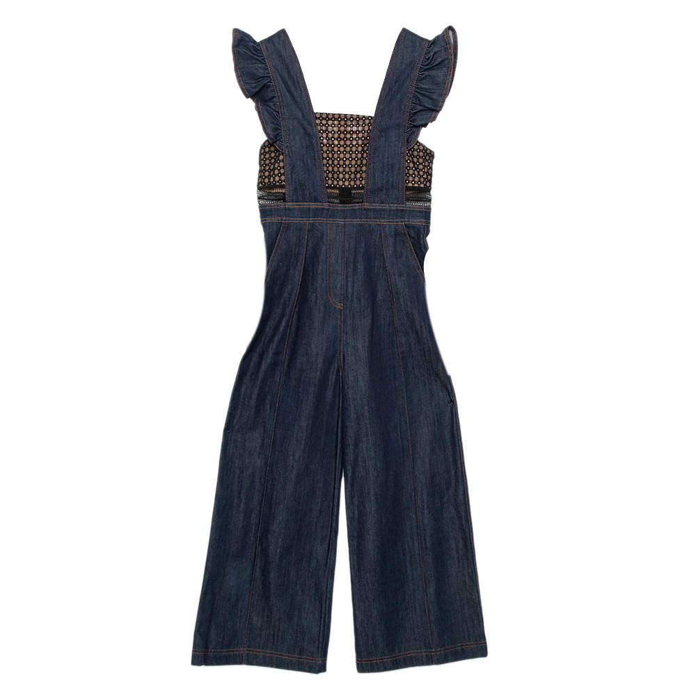 SELF-PORTRAIT Navy Blue Denim & Lace Ruffle Sleeve Wide Leg Jumpsuit UK 8 US 4 ladies