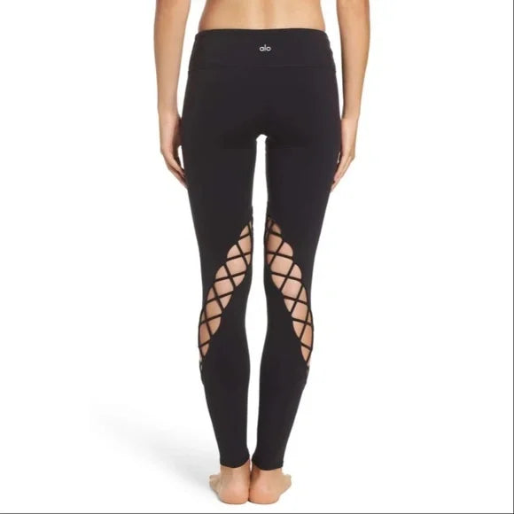 ALO YOGA LATTICE CUTOUT BLACK LEGGING ENTWINE PULL ON STRETCH LEGGINGS SIZE S ladies