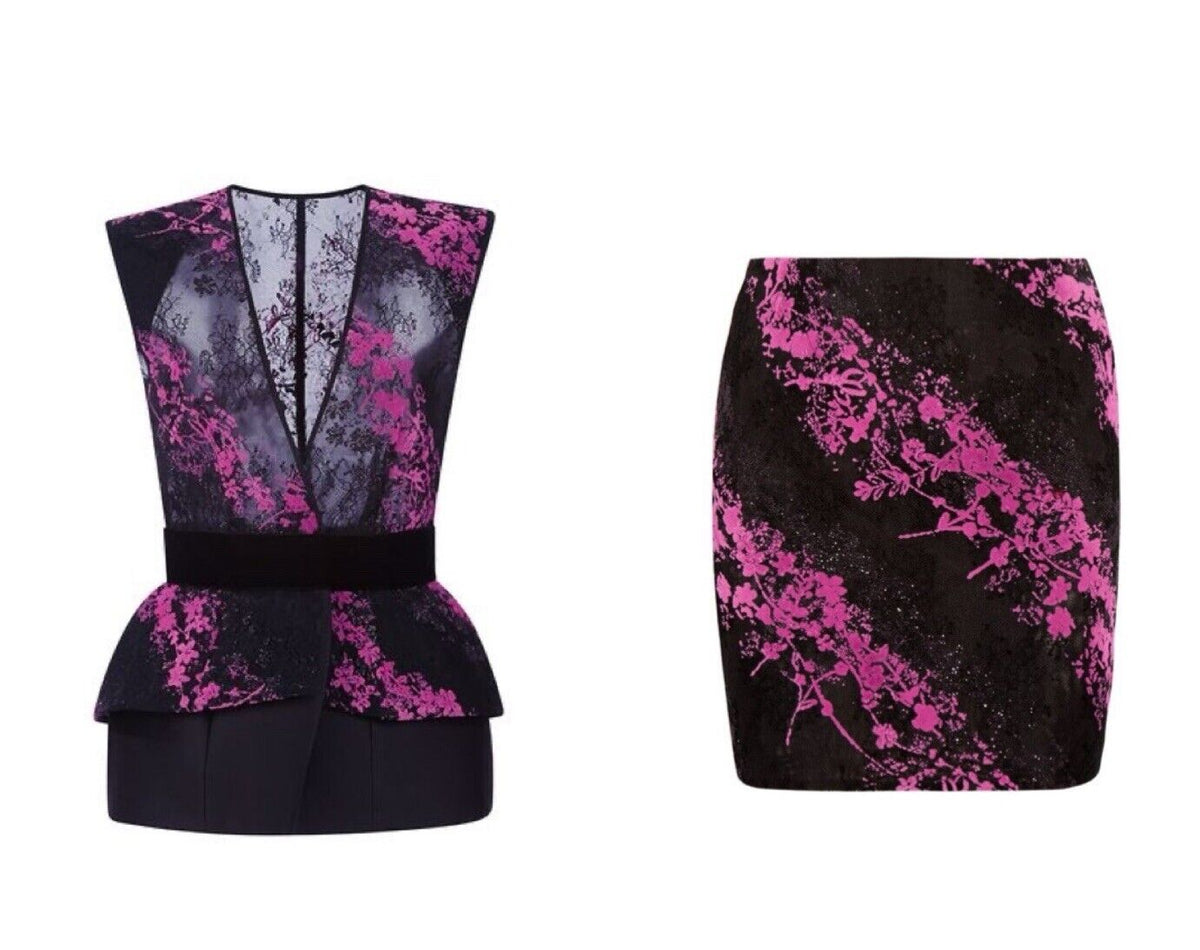 Antonio Berardi Pink Black Jacquard Skirt Suit Set Size I 42 UK 10 US 6 ladies