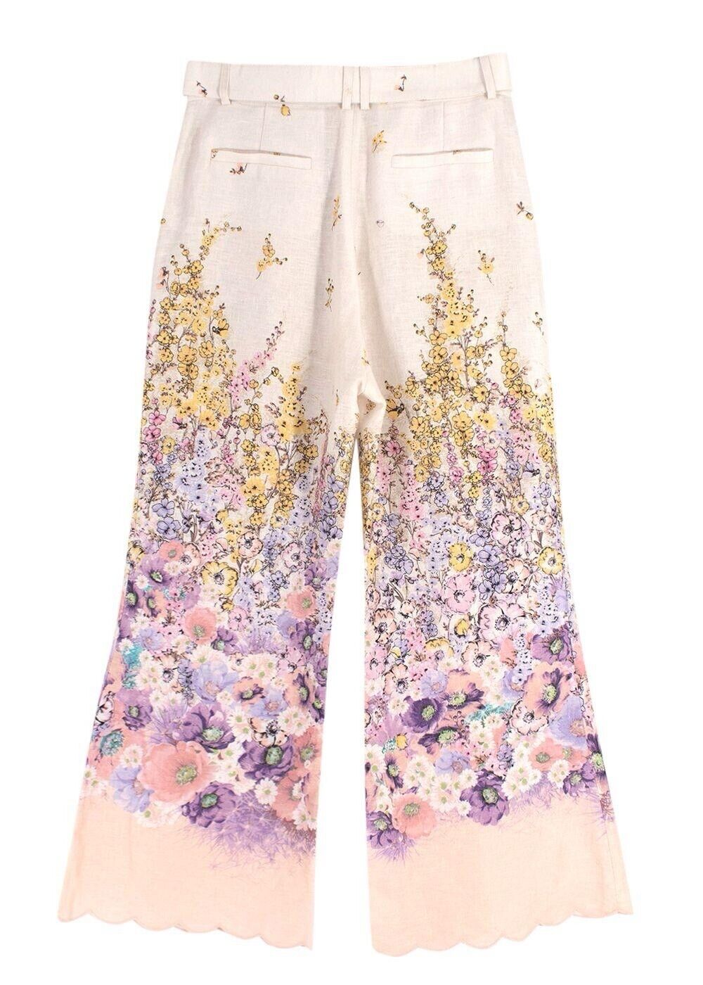 Zimmermann Jude Belted Scalloped Floral-Print Linen Wide-Leg Pants Size 1 S small ladies