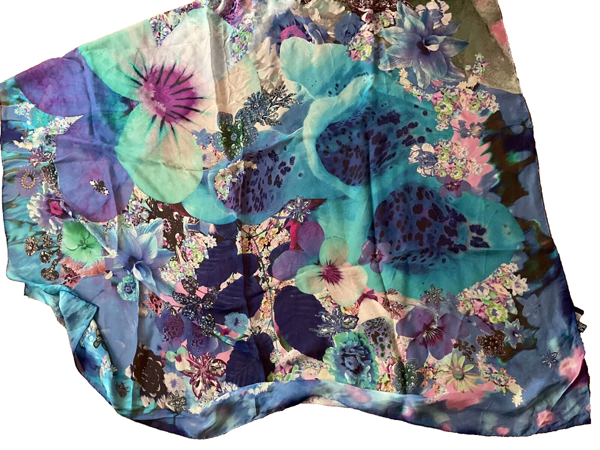 Jane Carr Printed Shawl Scarf in blue chiffon silk extra large 70.9 x 51.2 inch ladies