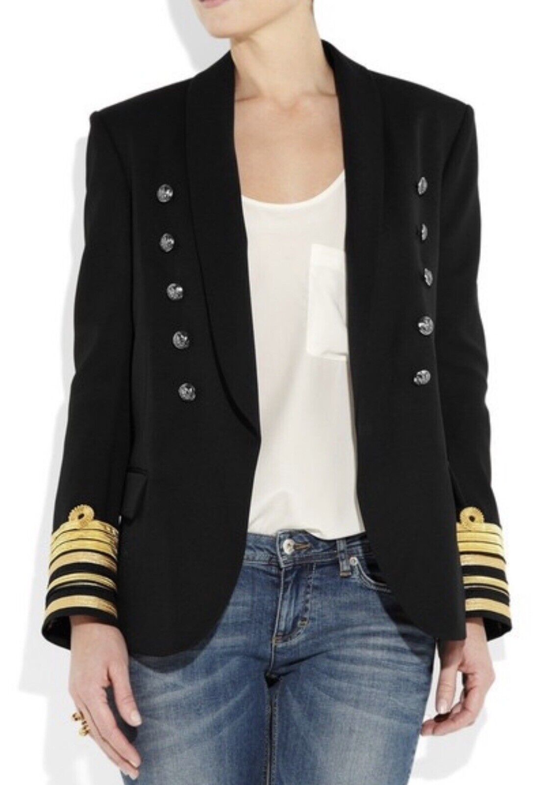 BALMAIN Black Military Jacket Gold Embellished Sleeves Blazer Size F 38 ladies