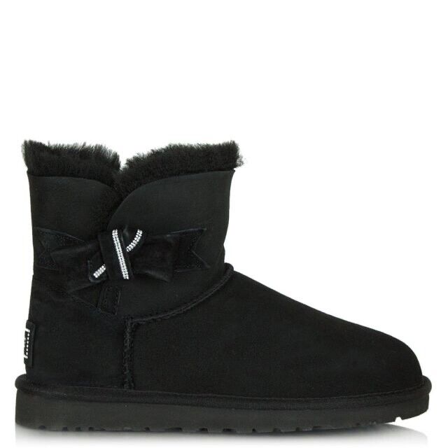 UGG SHORT Jackee Black Suede Swarovski Crystal Bow Ankle Boot SZ US 6 UK 4.5 37 ladies