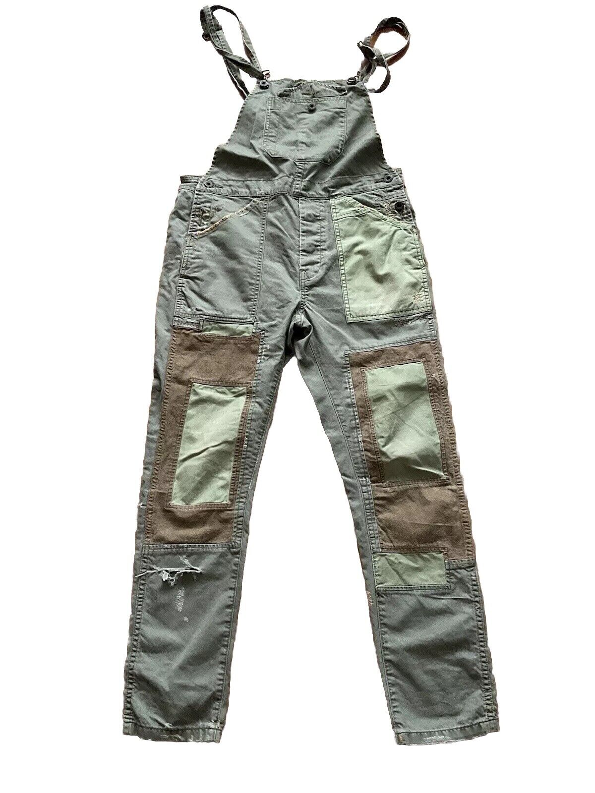 Denim &Supply Ralph Lauren Patchwork Distresssed Overalls in Khaki Jumpsuit Sz S ladies