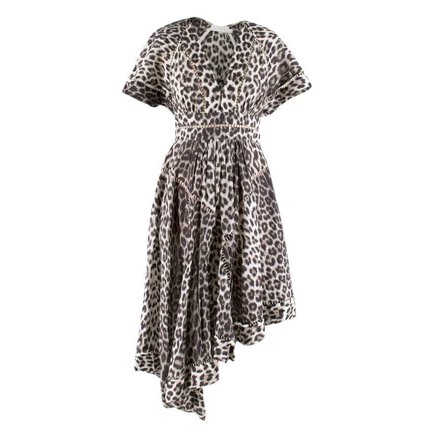 ZIMMERMANN Leopard Print V-Neck Short Sleeve Asymmetrical Dress Size 0   Afashionistastore