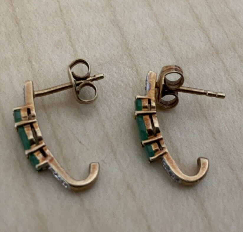 Vintage 50's-60's 18ct 9ct Yellow Gold Emeralds and Diamonds Half Hoop Earrings ladies