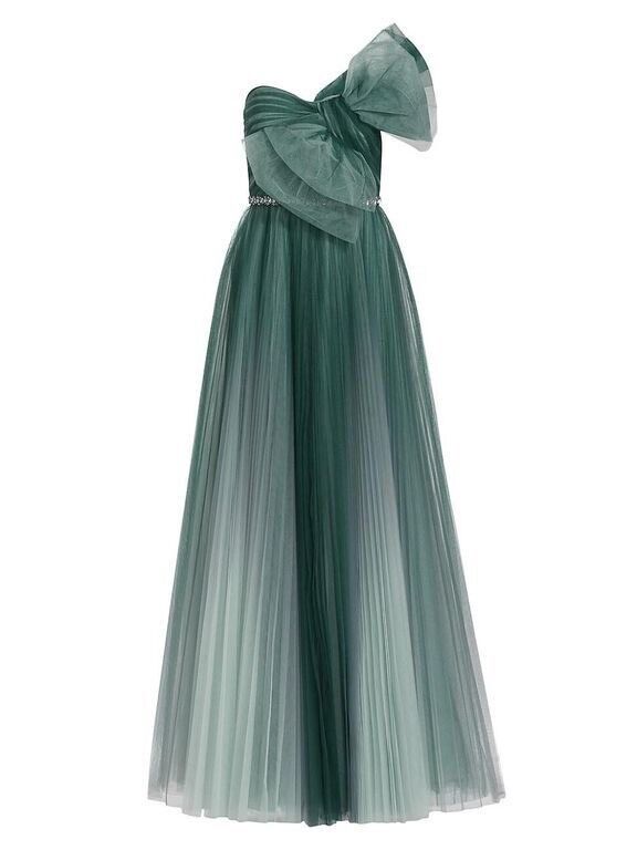 JENNY PACKHAM Sunbeam Ombre Pleated Bow One-Shoulder Gown - Petrol/Haze UK 20 US16 LADIES