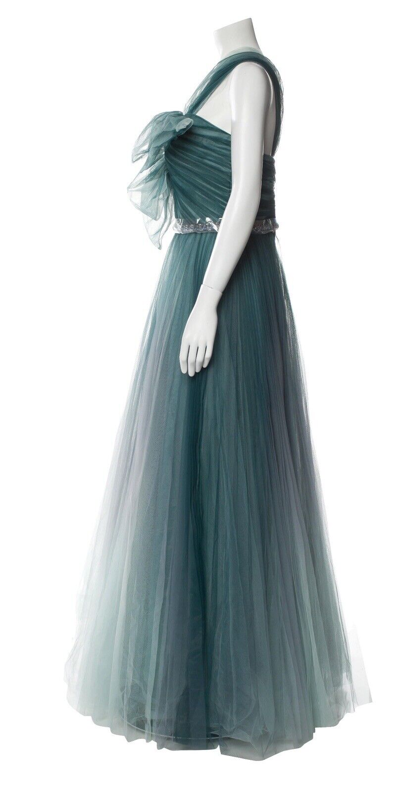 JENNY PACKHAM Sunbeam Ombre Pleated Bow One-Shoulder Gown - Petrol/Haze UK 20 US16 LADIES