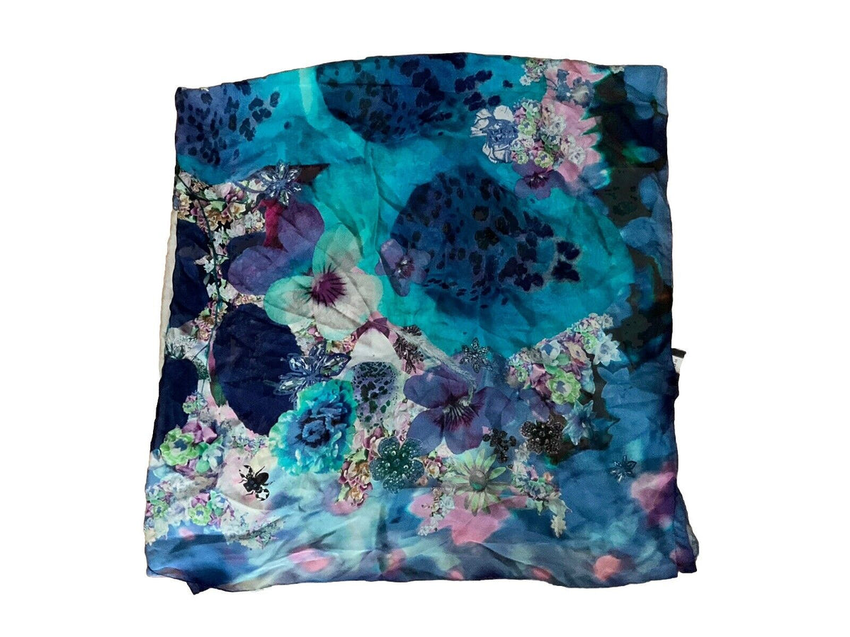 Jane Carr Printed Shawl Scarf in blue chiffon silk extra large 70.9 x 51.2 inch ladies