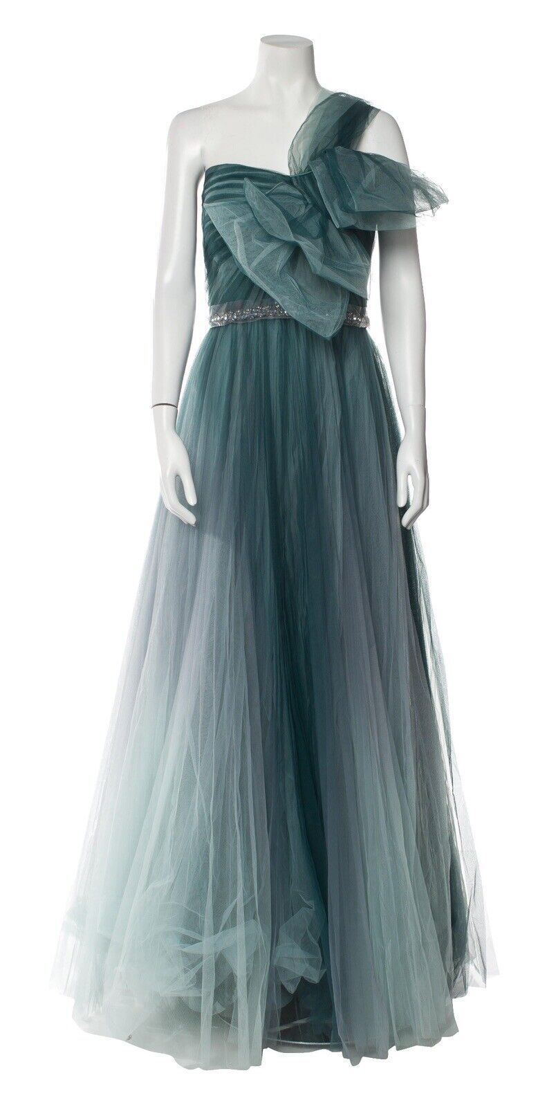 JENNY PACKHAM Sunbeam Ombre Pleated Bow One-Shoulder Gown - Petrol/Haze UK 20 US16 LADIES